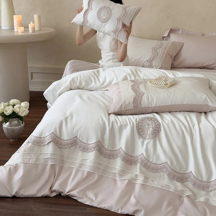 Bed Linen Set Cotton Satin Embroidered Lace Trim
