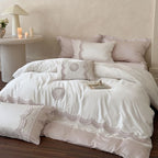 Bed Linen Set Cotton Satin Embroidered Lace Trim