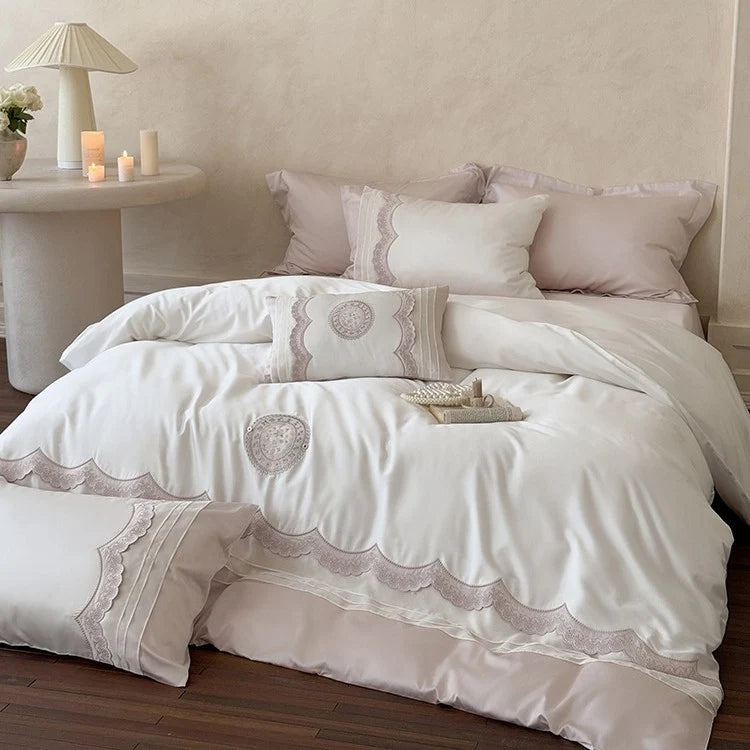 Bed Linen Set Cotton Satin Embroidered Lace Trim