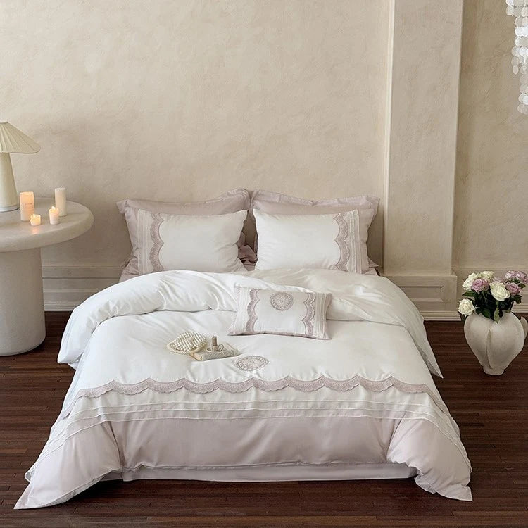 Bed Linen Set Cotton Satin Embroidered Lace Trim