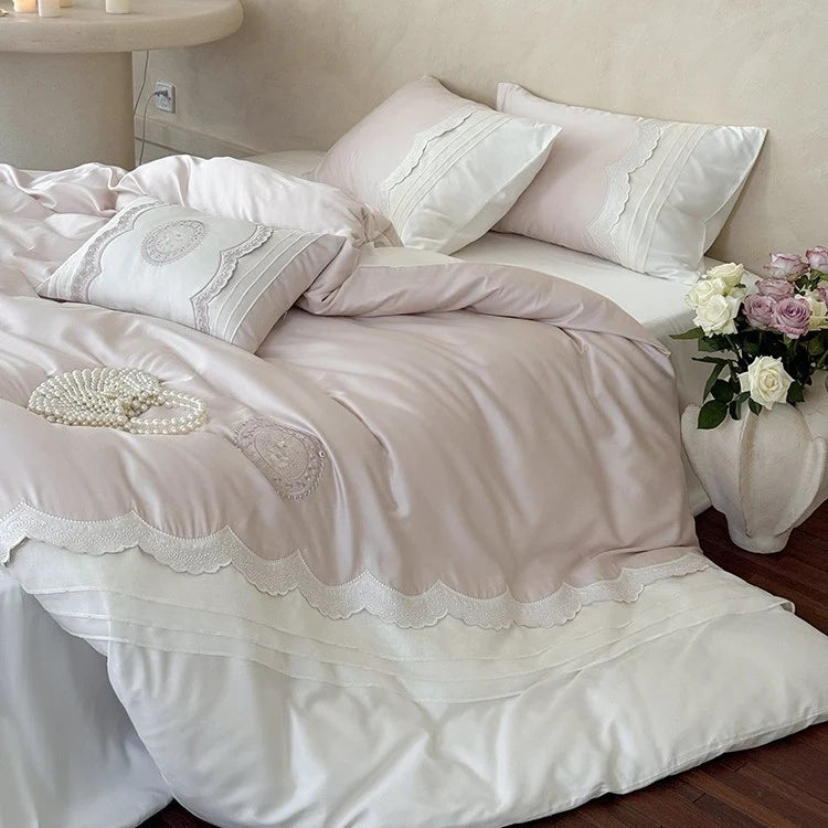 Bed Linen Set Cotton Satin Embroidered Lace Trim