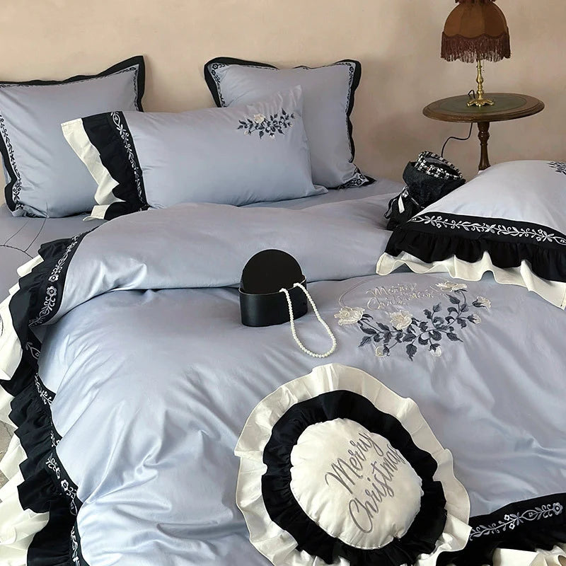 Bed Linen Set Embroidered Cotton Satin With Round Cushion