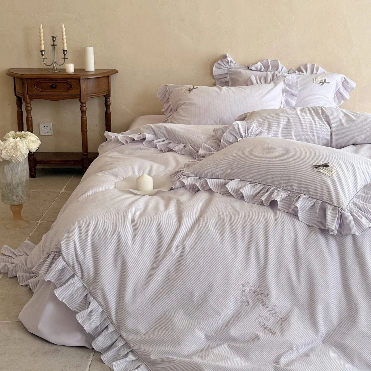 Bed Linen Set Ruffled Fine Stripe Breathable Cotton