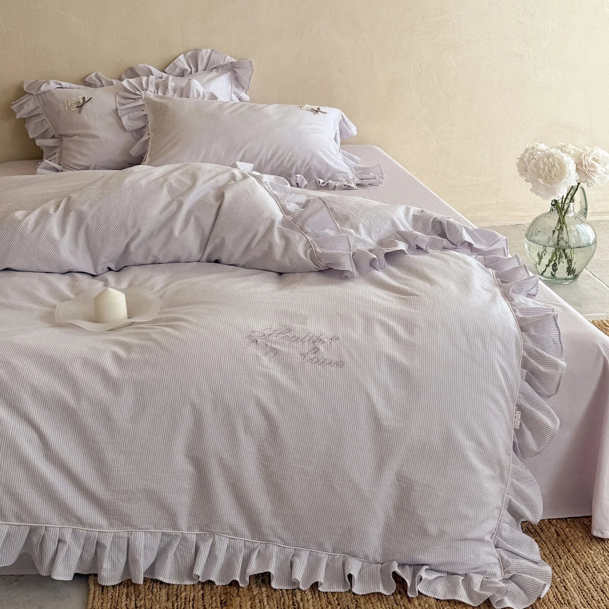 Bed Linen Set Ruffled Fine Stripe Breathable Cotton