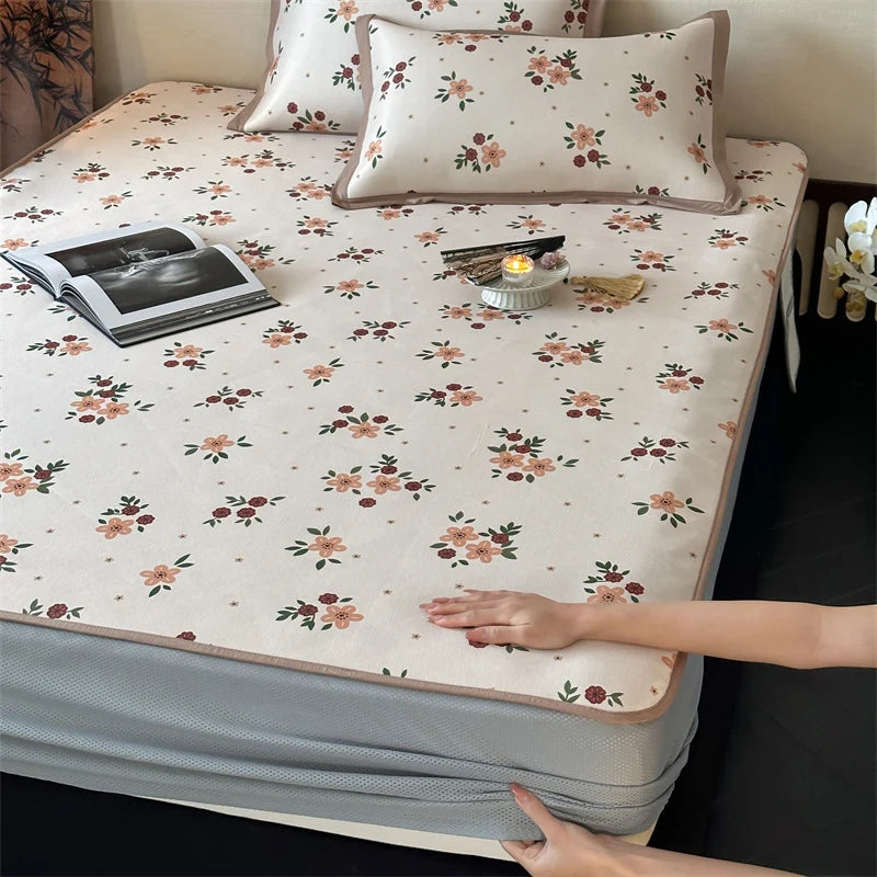 Bed Sheet Set Breathable Cotton Floral Print Decorative Hem