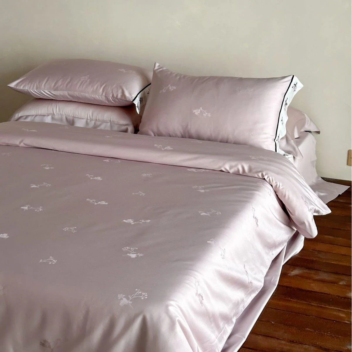Bed Sheet Set Cotton Satin Embroidered Hem 4-Piece