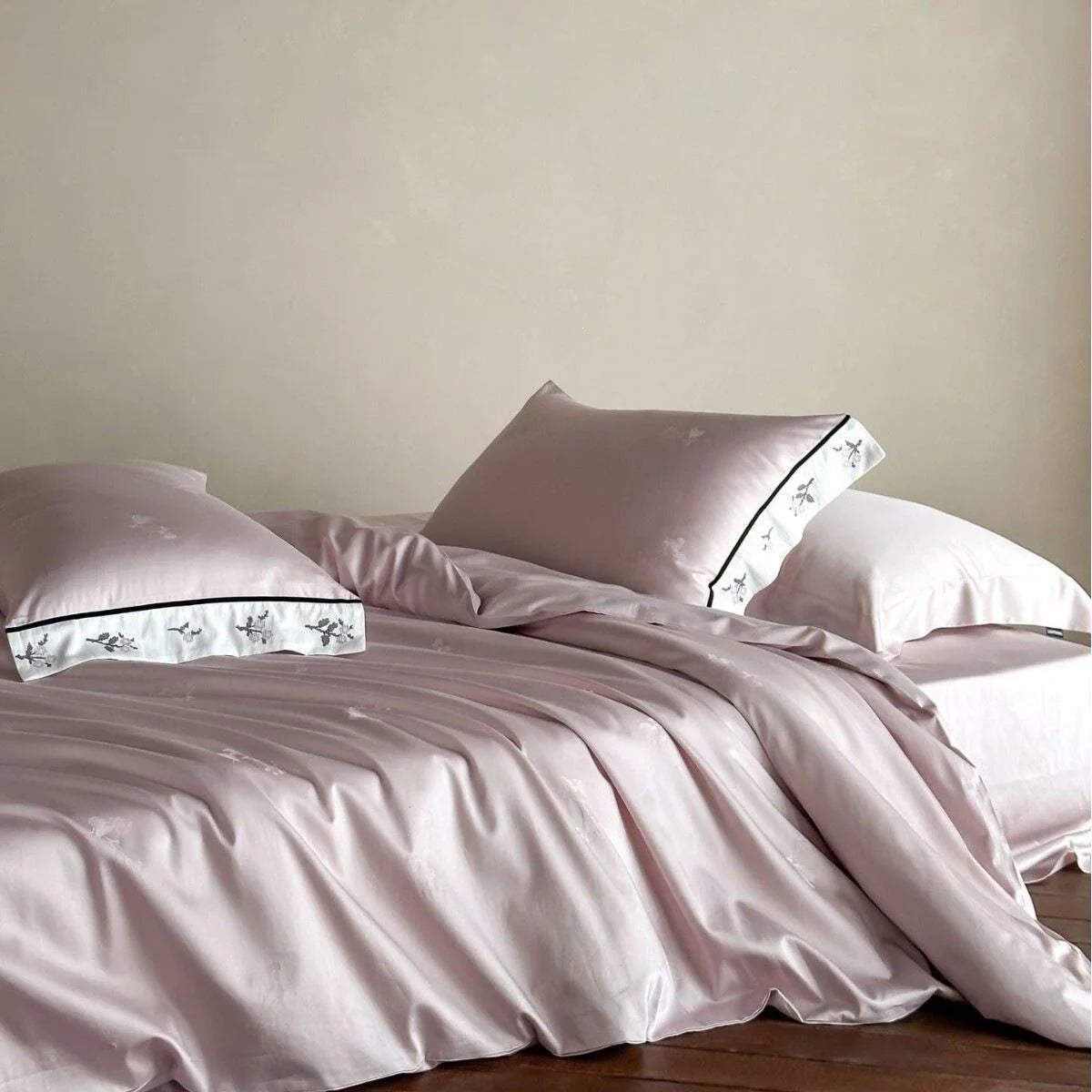 Bed Sheet Set Cotton Satin Embroidered Hem 4-Piece