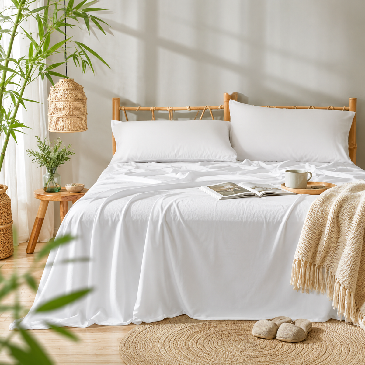 Bed Sheets Set Cooling Bamboo Satin Deep-Pocket