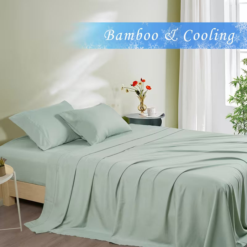 Bed Sheets Set Cooling Bamboo Satin Deep-Pocket