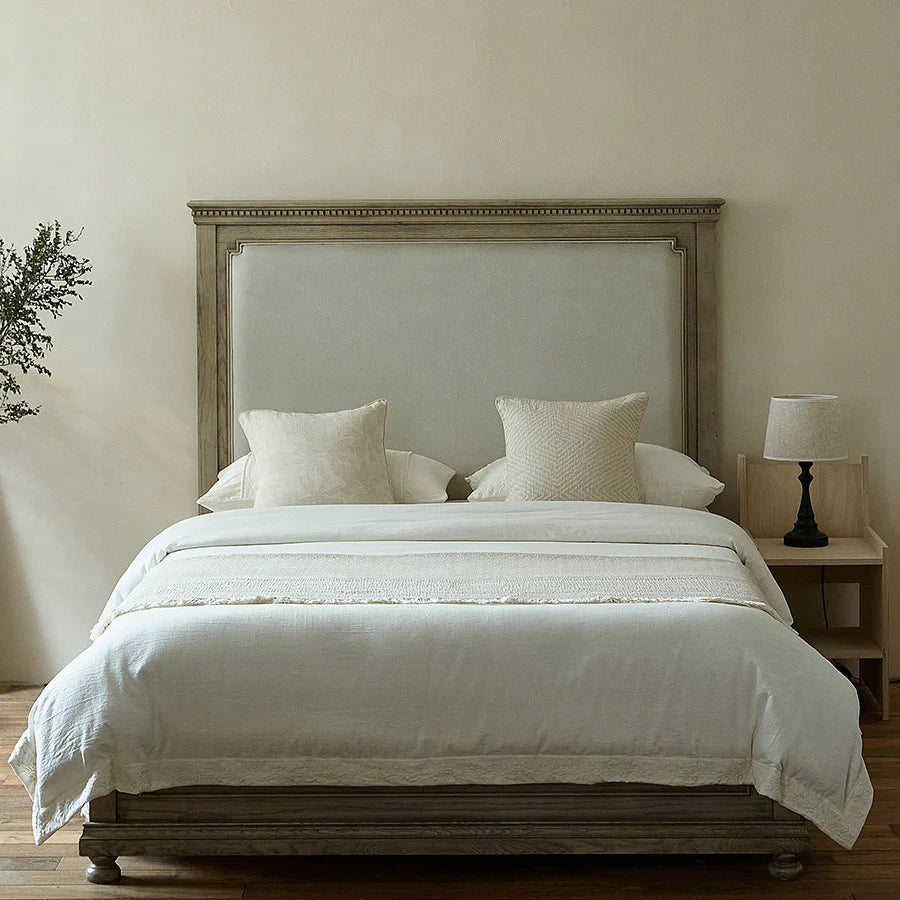 Bed Solid Wood Upright Slatted Headboard Linen-Look Bedding