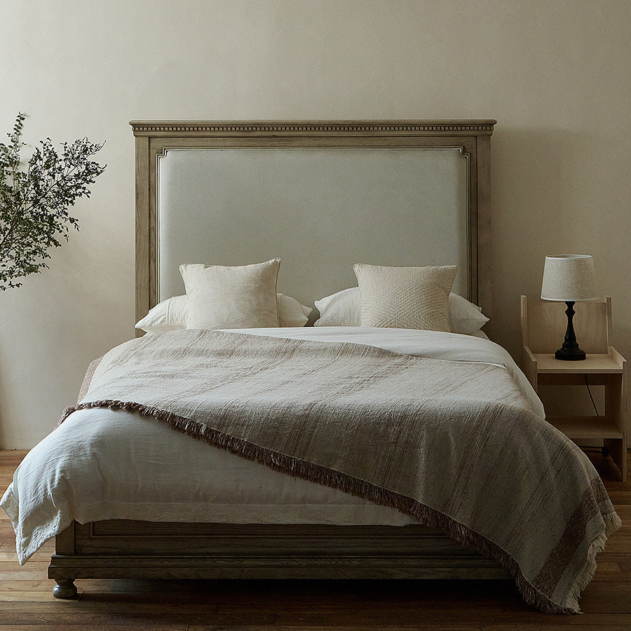 Bed Solid Wood Upright Slatted Headboard Linen-Look Bedding