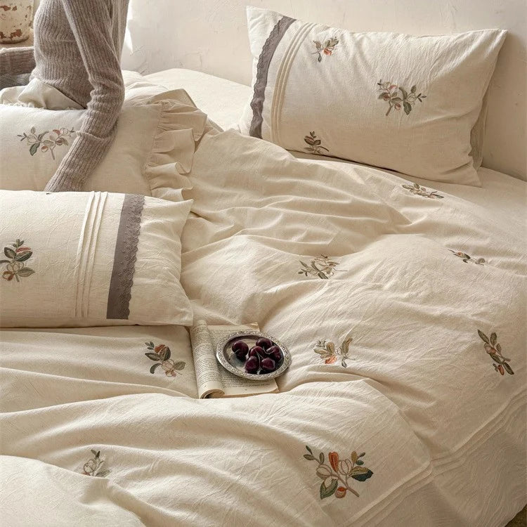 Bedding Set 100% Cotton Embroidered Floral Ruffled Pillowcases