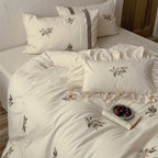 Bedding Set 100% Cotton Embroidered Floral Ruffled Pillowcases