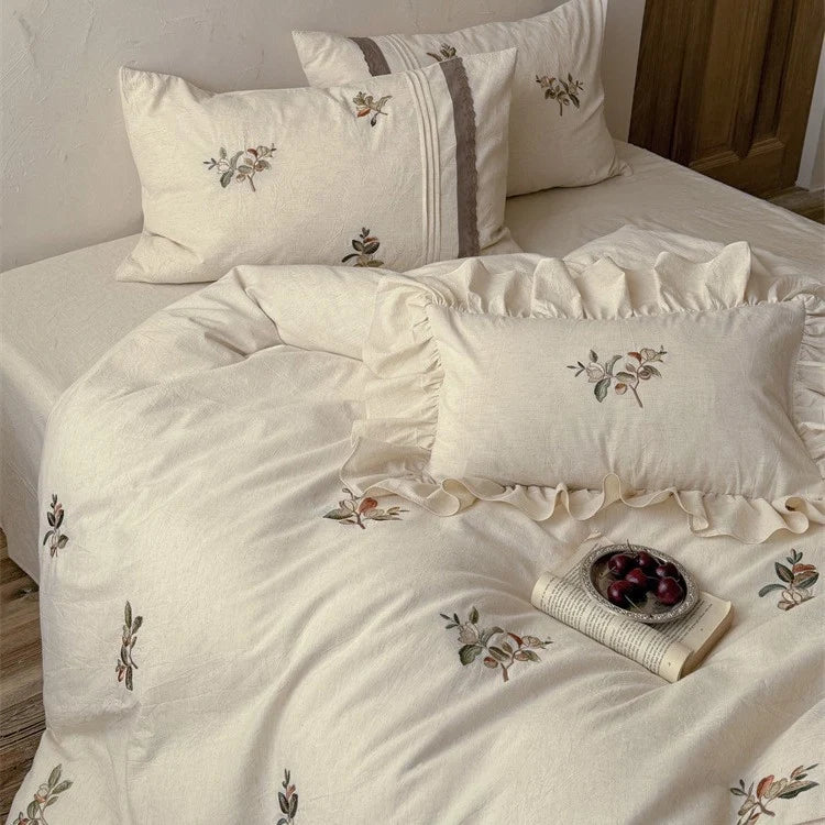 Bedding Set 100% Cotton Embroidered Floral Ruffled Pillowcases