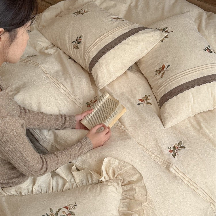 Bedding Set 100% Cotton Embroidered Floral Ruffled Pillowcases