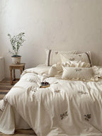 Bedding Set 100% Cotton Embroidered Floral Ruffled Pillowcases
