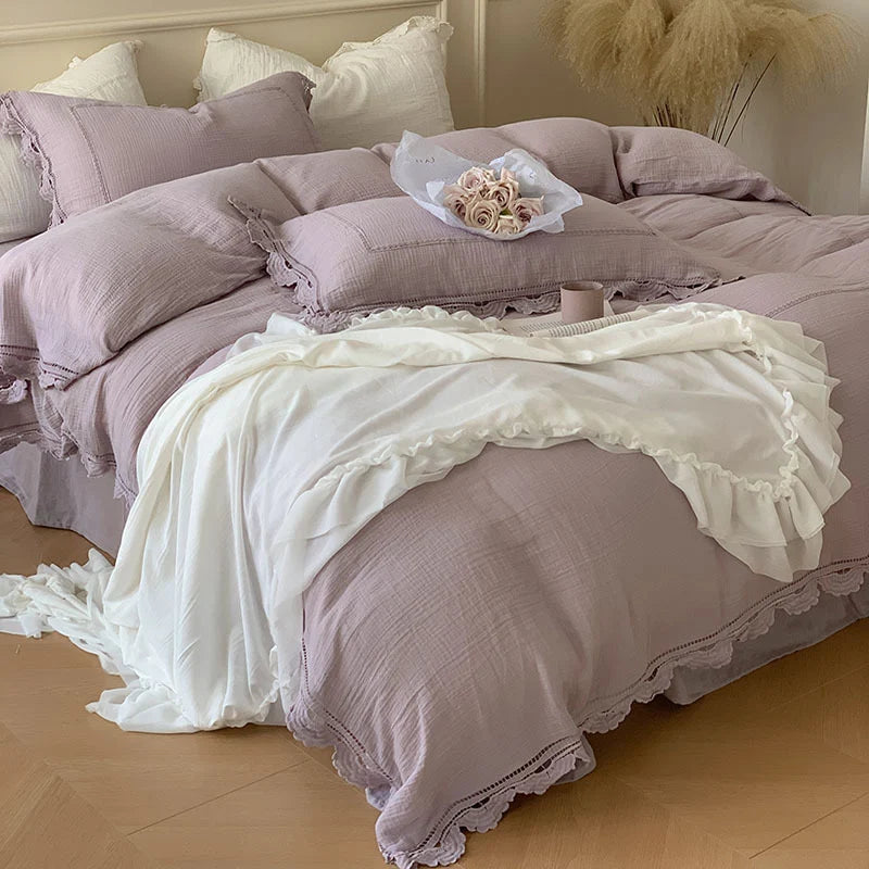 Bedding Set 100% Cotton Gauze Ruffle Trim