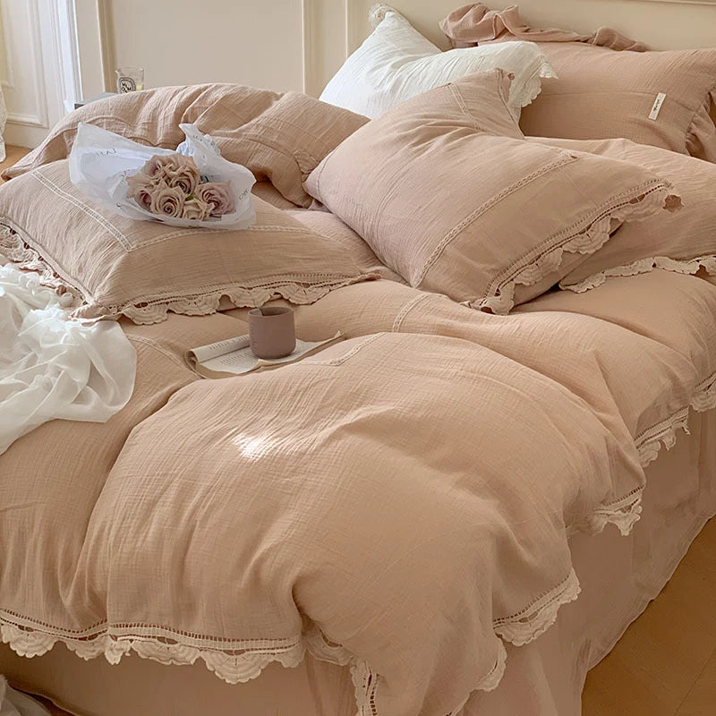 Bedding Set 100% Cotton Gauze Ruffle Trim