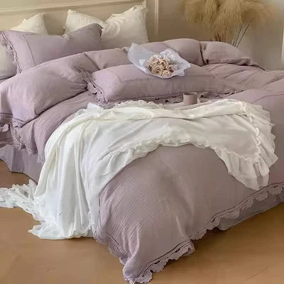 Bedding Set 100% Cotton Gauze Ruffle Trim