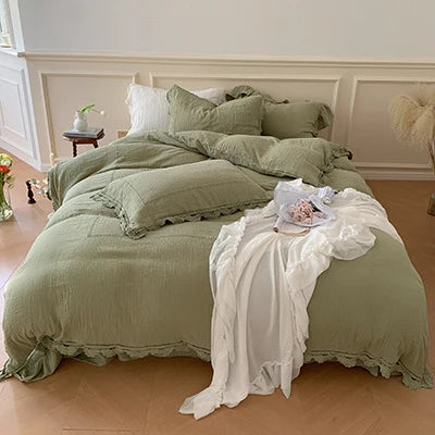 Bedding Set 100% Cotton Gauze Ruffle Trim