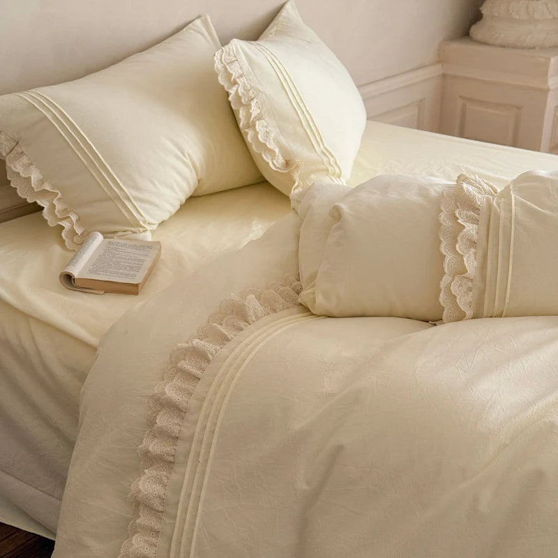 Bedding Set 100% Cotton Lace & Ruffle 4 Piece