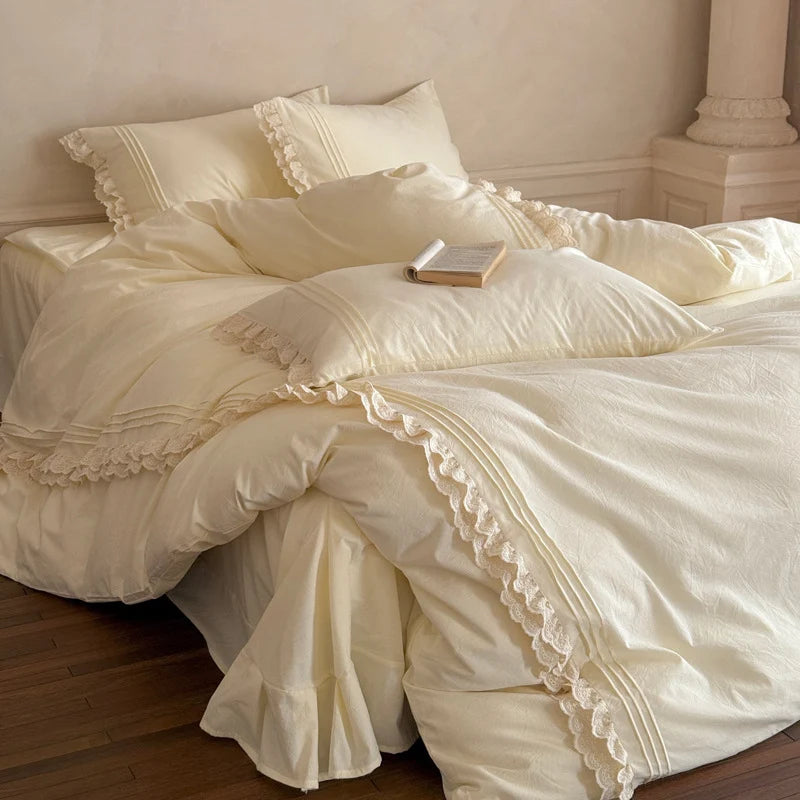 Bedding Set 100% Cotton Lace & Ruffle 4 Piece