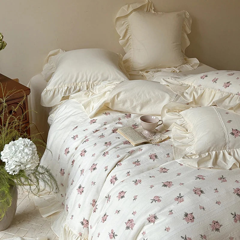 Bedding Set 100% Cotton Rose Pattern & Ruffle Trim