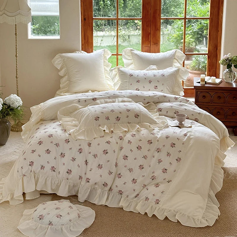 Bedding Set 100% Cotton Rose Pattern & Ruffle Trim