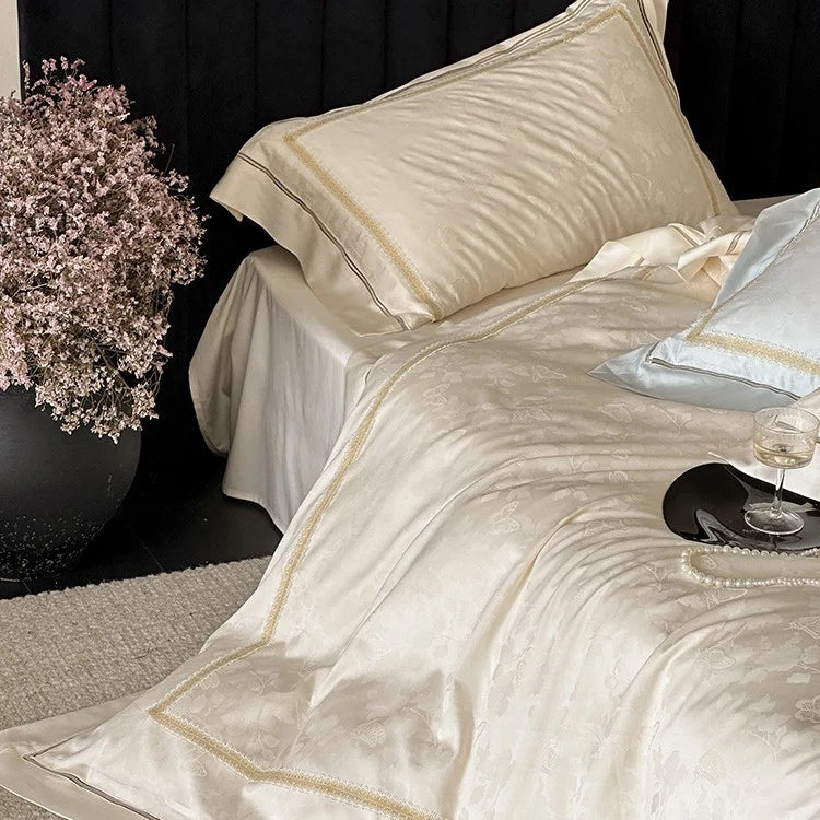 Bedding Set 4-Piece Cotton Satin Jacquard & Embroidered Border