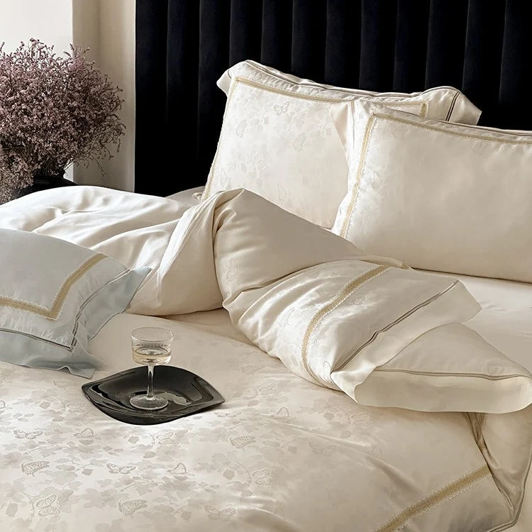 Bedding Set 4-Piece Cotton Satin Jacquard & Embroidered Border