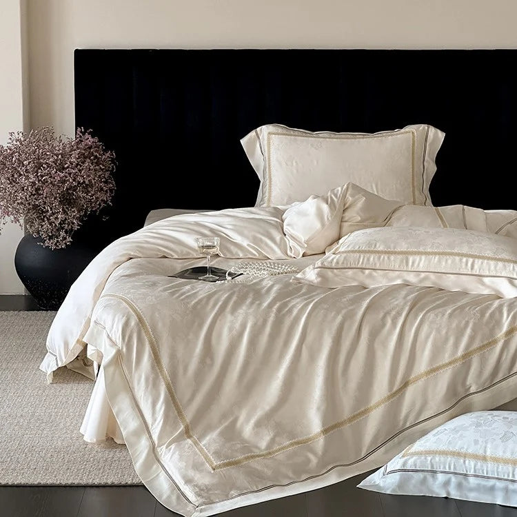 Bedding Set 4-Piece Cotton Satin Jacquard & Embroidered Border