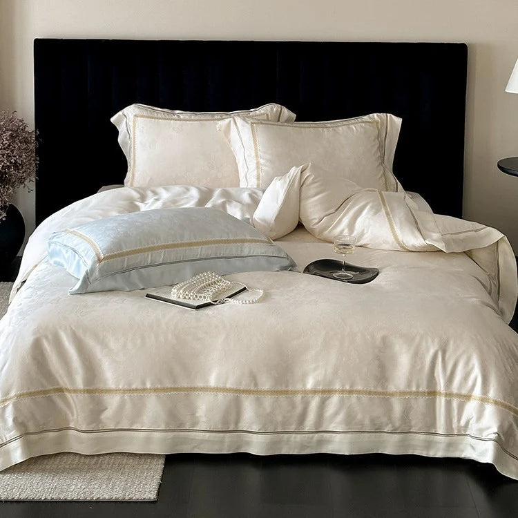 Bedding Set 4-Piece Cotton Satin Jacquard & Embroidered Border