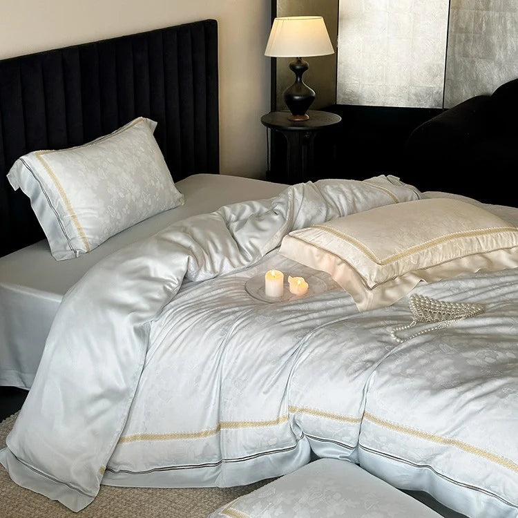 Bedding Set 4-Piece Cotton Satin Jacquard & Embroidered Border