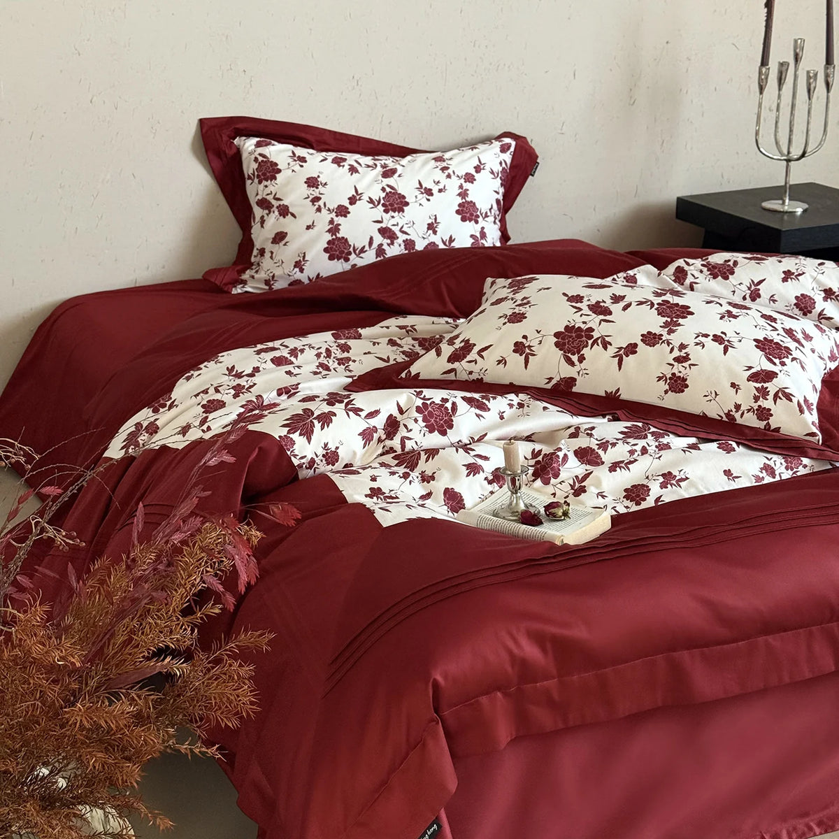 Bedding Set 4-Piece Cotton Satin Reversible Floral