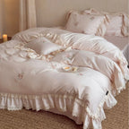 Bedding Set 4-Piece Ruffled Lace Rose Embroidery Cotton Satin