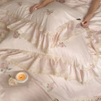Bedding Set 4-Piece Ruffled Lace Rose Embroidery Cotton Satin