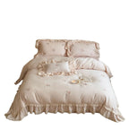 Bedding Set 4-Piece Ruffled Lace Rose Embroidery Cotton Satin