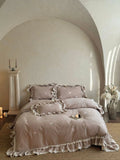 Bedding Set 4-Piece Ruffled Lace Rose Embroidery Cotton Satin