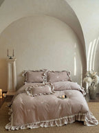 Bedding Set 4-Piece Ruffled Lace Rose Embroidery Cotton Satin