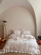 Bedding Set 4-Piece Ruffled Lace Rose Embroidery Cotton Satin