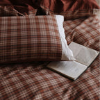 Bedding Set Breathable Cotton Checked Pattern & Lace Trim