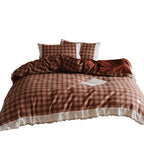 Bedding Set Breathable Cotton Checked Pattern & Lace Trim