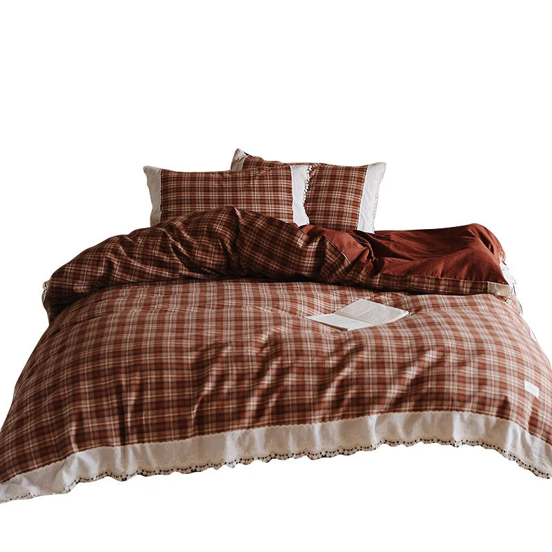 Bedding Set Breathable Cotton Checked Pattern & Lace Trim