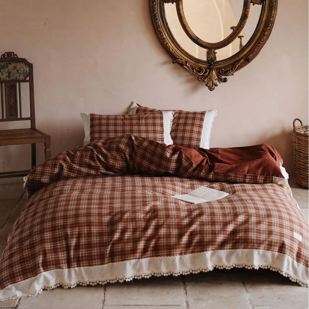 Bedding Set Breathable Cotton Checked Pattern & Lace Trim