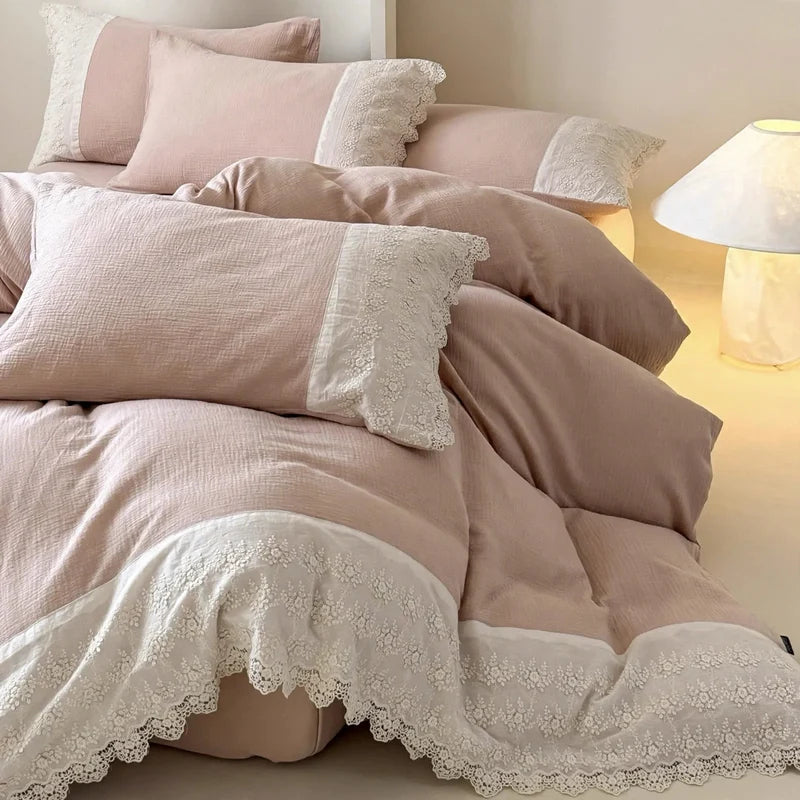 Bedding Set Breathable Cotton Gauze Lace Trim 4-Piece