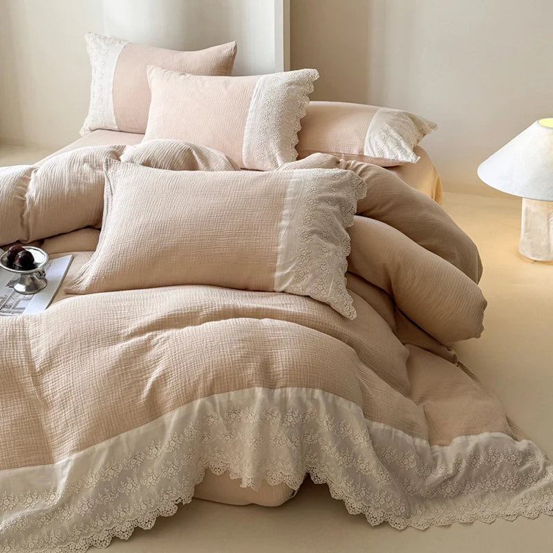 Bedding Set Breathable Cotton Gauze Lace Trim 4-Piece