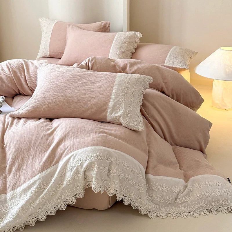 Bedding Set Breathable Cotton Gauze Lace Trim 4-Piece