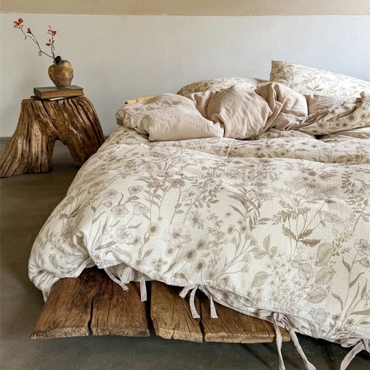 Bedding Set Breathable Cotton Gauze & Tie Ribbons
