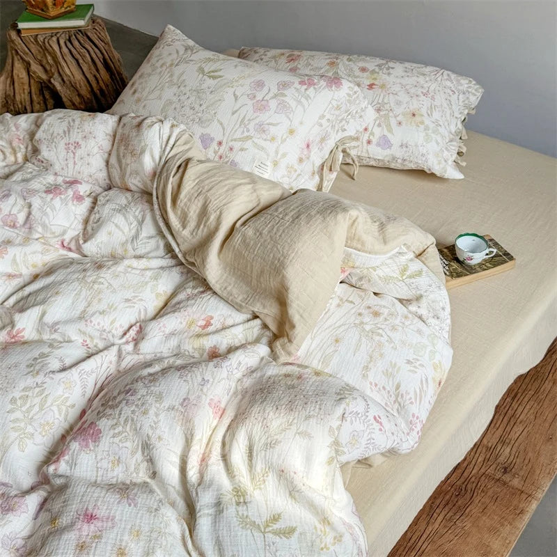 Bedding Set Breathable Cotton Gauze & Tie Ribbons
