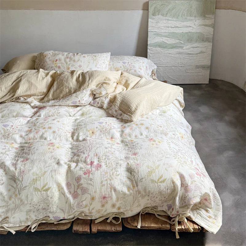Bedding Set Breathable Cotton Gauze & Tie Ribbons
